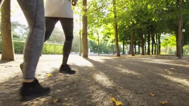 Suivre Prise de vue Femme et homme courant vers l'extérieur Caméra avant vers l'extérieur dans une journée ensoleillée lumineuse — Video