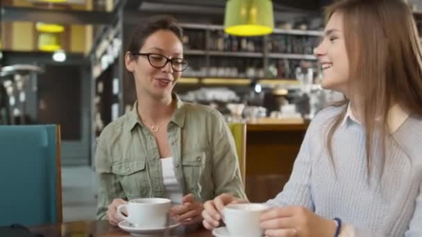 Två unga kvinnor pratar på mysiga kafé — Stockvideo