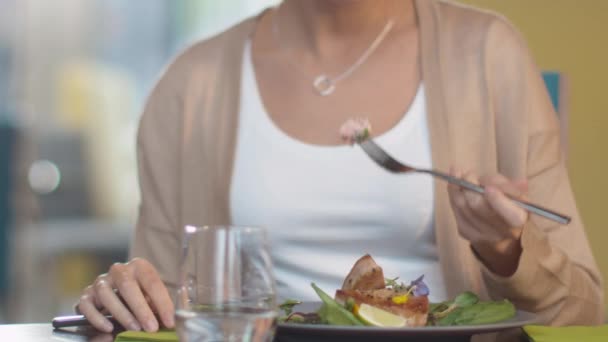 Atractiva joven mujer disfrutando del filete de pescado en el restaurante de lujo — Vídeos de Stock