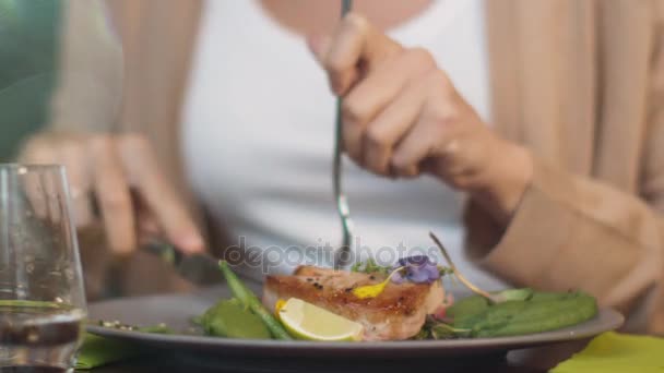 Jovem mulher atraente desfrutando de bife de peixe no restaurante de luxo — Vídeo de Stock