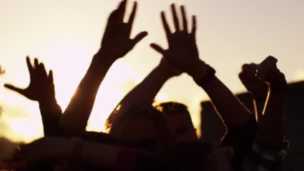 Grupa ludzi, taniec i podnoszenie rąk na zewnątrz w słońcu. Slow Motion Shot. — Wideo stockowe