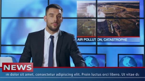 Homme Nouvelles Présentateur parlant de l'écologie et de la pollution — Video