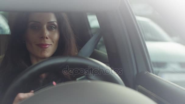 Atractiva mujer de negocios sonriente aplicando maquillaje en un coche — Vídeos de Stock