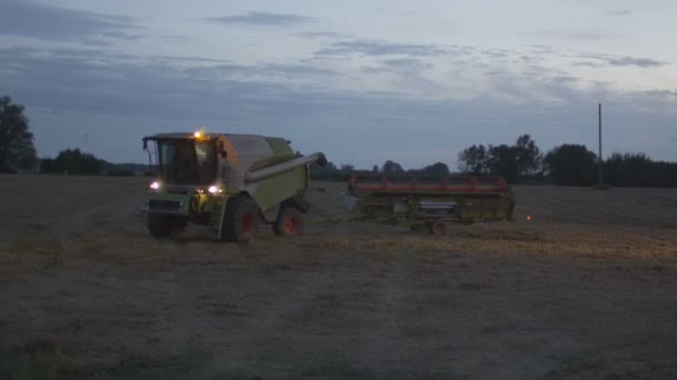 Θεριζοαλωνιστικό που εργάζονται στο πεδίο σιτάρι στο βράδυ. — Αρχείο Βίντεο