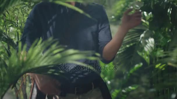 Портрет улыбающегося авантюриста в джунглях — стоковое видео