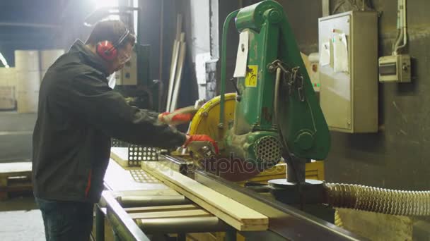 Trabajador de aserradero está cortando madera con sierra circular . — Vídeo de stock