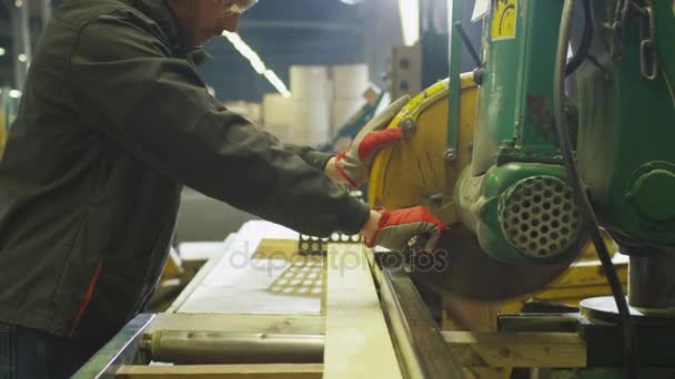 Trabajador de aserradero está cortando madera con sierra circular . — Vídeo de stock