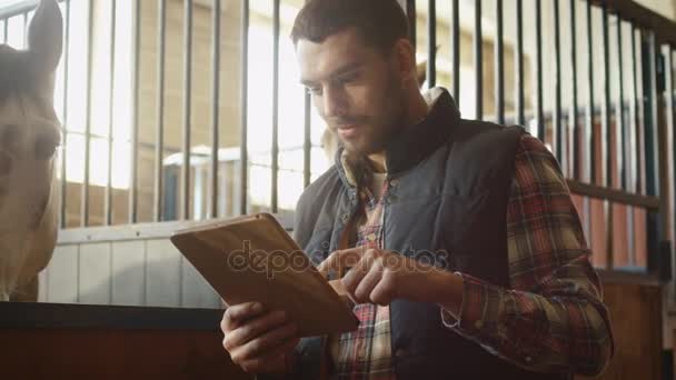 Mann benutzt Tablet-Computer neben Pferd im Stall. — Stockvideo