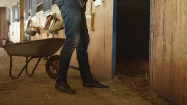 L'uomo sta pulendo una stalla dal fieno con un forcone . — Video Stock