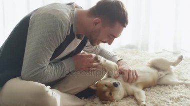 Adam ile Shiba köpek oturma odasında oynuyor.