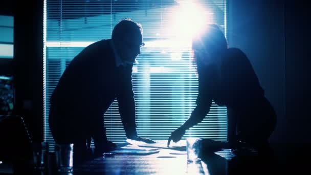 Silhouette maschili e femminili in una sala riunioni durante il lavoro . — Video Stock