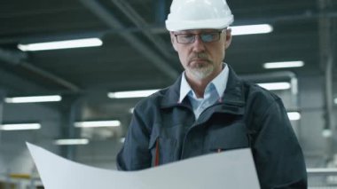 Kask içinde kıdemli mühendis bir fabrikada duran ve bir plan seyir.