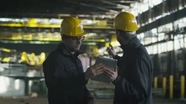 Mühendis ve işçi döküm içinde görüşme. Tablet kullanarak mühendis. Çevre Sanayi.