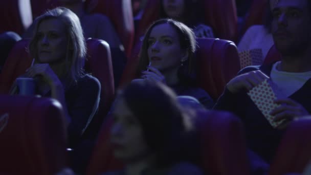 Grupo de pessoas está assistindo a uma exibição de filmes em um cinema . — Vídeo de Stock