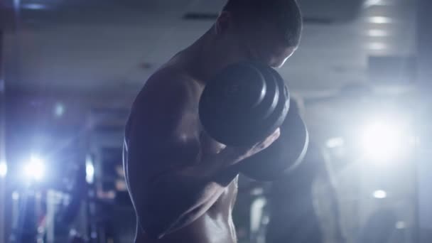 셔츠 없이 잘생긴 맞는 스포티 한 남자는 체육관에서 아령 컬 연습. — 비디오