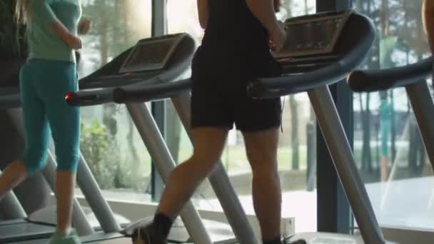 Young athletic men and women exercising and running on treadmill in sport gym. — Stock Video