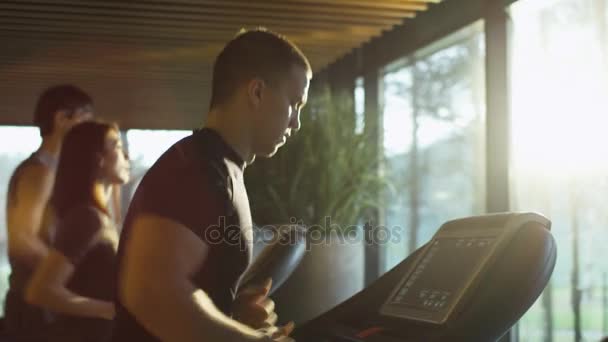 Jeunes hommes et femmes athlétiques faisant de l'exercice et courant sur tapis roulant dans une salle de sport . — Video