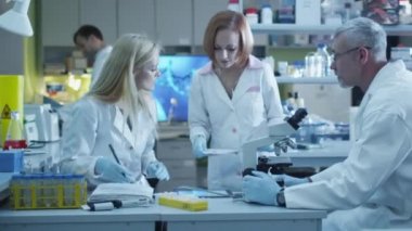 Takım beyaz kat olarak beyaz bilim adamları modern bir laboratuvarda çalışan.
