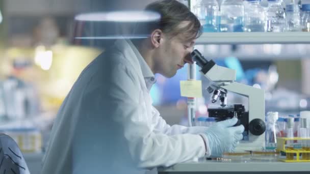 Científico masculino está trabajando en un microscopio en un laboratorio . — Vídeo de stock