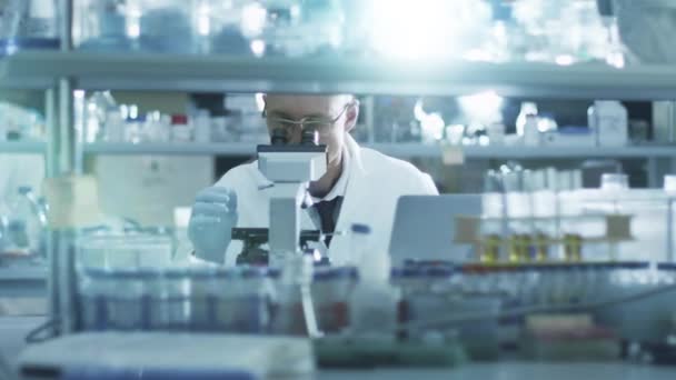 シニア男性の科学者が研究室で顕微鏡を操作しながら集中しています。. — ストック動画