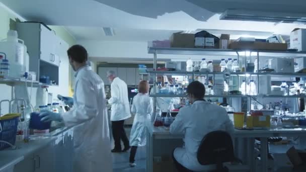Zespół naukowców kaukaski w białych płaszczach pracują w nowoczesnym laboratorium. — Wideo stockowe