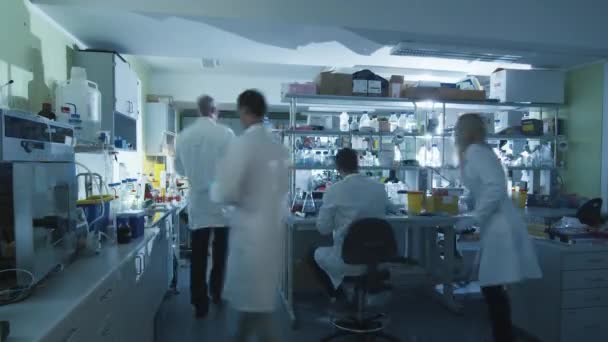 Timelapse film av ett team av forskare i vita rockar som arbetar i ett modernt laboratorium. — Stockvideo