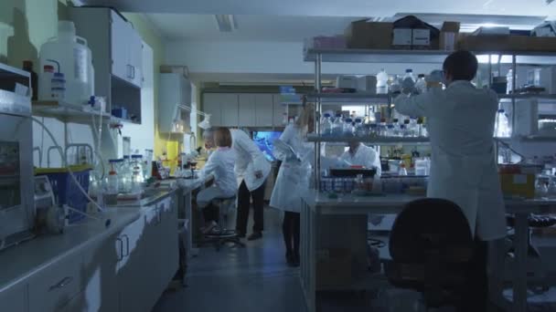 Група кавказьких вчених у білих халатах працює в сучасній лабораторії . — стокове відео
