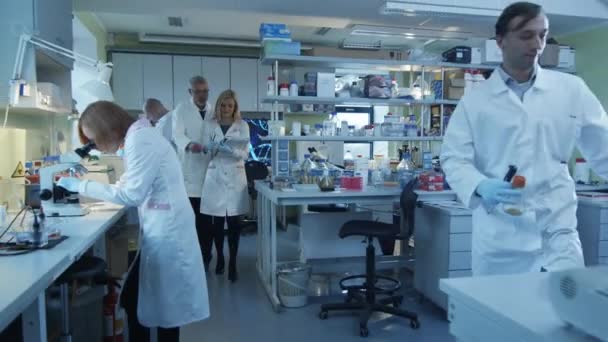 Des scientifiques seniors et féminines avec des papiers marchent et discutent dans un laboratoire . — Video
