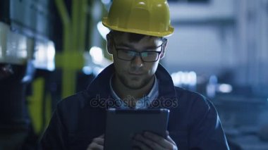 Teknisyen gözlük ve baret Tablet sanayi ortamında kullanma