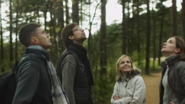 Bir grup insan sonbahar giysileri bir ormanda ayakta ve etrafa vardır.