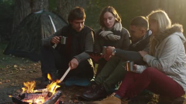 Gruppe von Menschen sitzt in einem Wald neben einem Lagerfeuer mit warmen Getränken aus der Thermoskanne und verwendet Tabletten. — Stockvideo