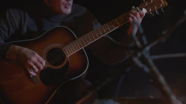 Hombre mayor está tocando en una guitarra al lado de la fogata por la noche mientras un grupo de amigos están escuchando . — Vídeos de Stock