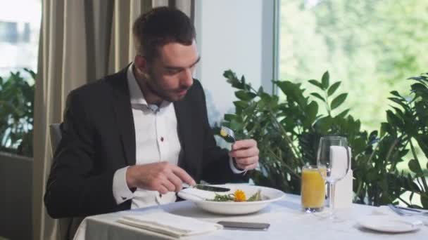 実業家がレストランで健康的なランチを食べてください。. — ストック動画