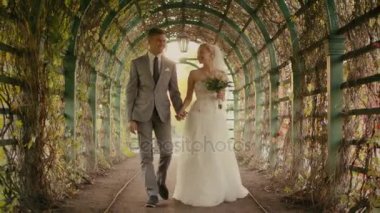 Mutlu genç newlyweds bir parkta yürüyüş.