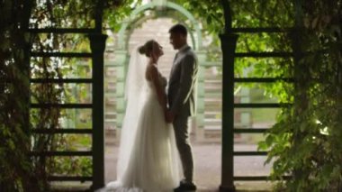 Gelin ve damat bir güneşli park sokakta öpüşme.