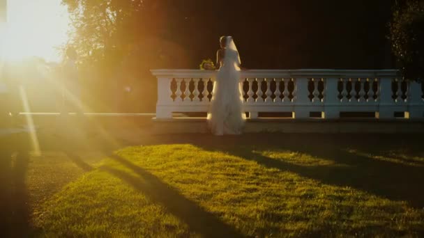 Νύφη και γαμπρός κοιτάζουν το ηλιοβασίλεμα από το μπαλκόνι σε ένα πάρκο. — Αρχείο Βίντεο