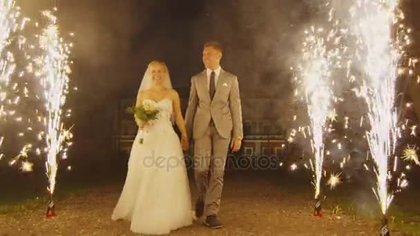 Felices jóvenes recién casados están caminando a través de fuegos artificiales en un parque por la noche . — Vídeos de Stock
