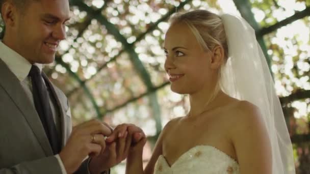 Bruid en bruidegom uitwisseling van trouwringen in een zonnige park. — Stockvideo