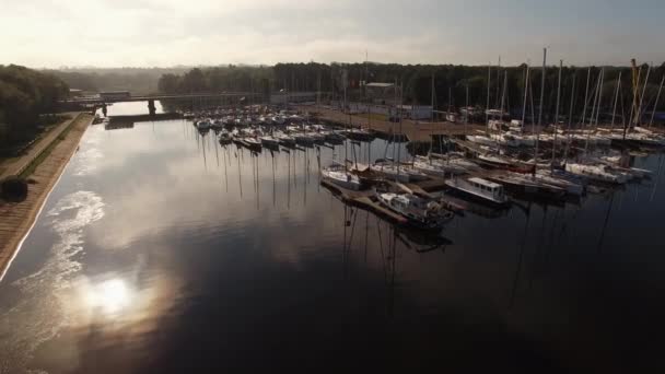 Aerial drone shot of sailing yachts in port. — Stock Video