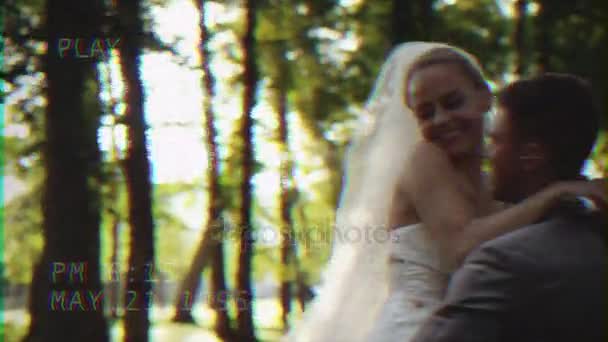 Bride and groom hug each other in a sunny park. — Stock Video