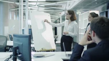 Ofis çalışanları ekibimiz toplantı var. Kadın beyaz tahta üzerinde grafikler ile sunum yapar.