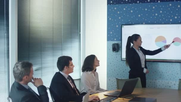Affärskvinna har Presentation för grupp av affärsmän i konferensrum. — Stockvideo