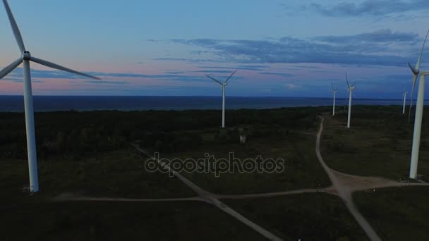 風力タービン、夕焼けの海の近くの森での空中ドローン ショット. — ストック動画