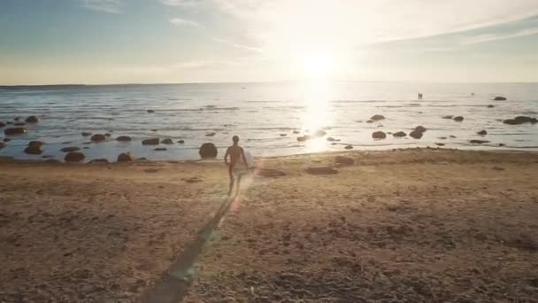 Drohnenschuss eines Mannes, der mit einem Surfbrett ins Wasser läuft. — Stockvideo