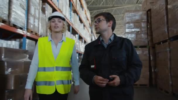 Hombre trabajador y gerente femenino están caminando a través de almacén logístico — Vídeo de stock