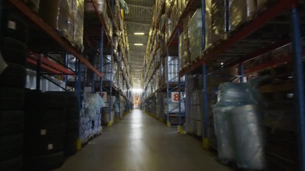 Kamera fliegt durch Regalreihen in Logistiklager — Stockvideo