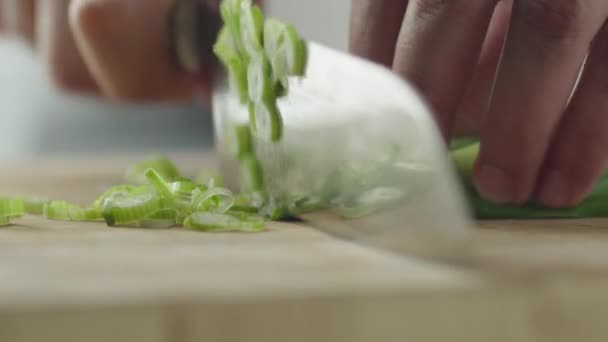 El chef profesional está cortando rápidamente la cebolla de primavera. Primer plano . — Vídeo de stock