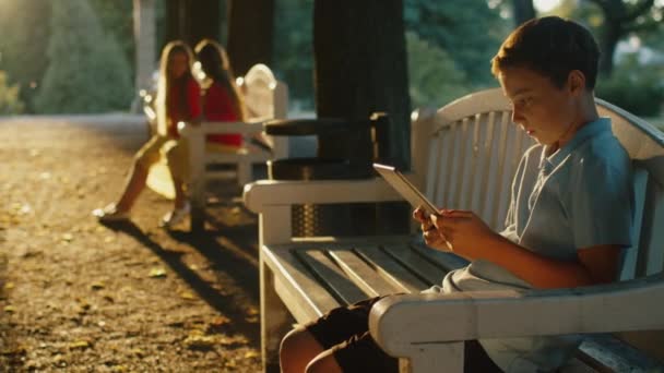 Ragazzo è seduto al parco e utilizzando Tablet PC al tramonto — Video Stock