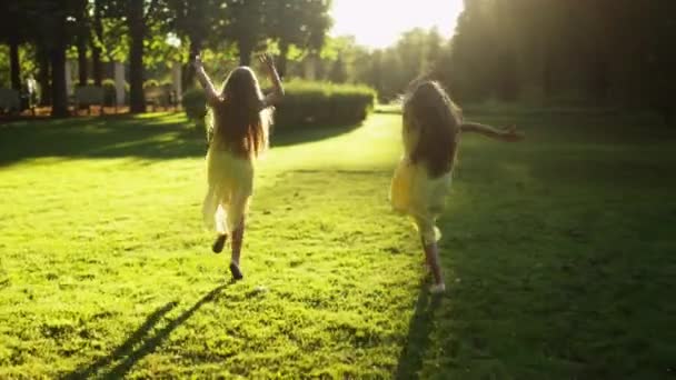 Twin Girls court au parc au coucher du soleil — Video