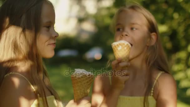 Las chicas gemelas están comiendo helado en el parque — Vídeo de stock